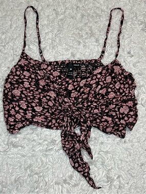 Aqua Black and Pink Floral Tie-Front Camisole